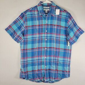 Amazon Essentials Mens Long Sleeve‎ Button Down Blue Checked Linen Blend Medium